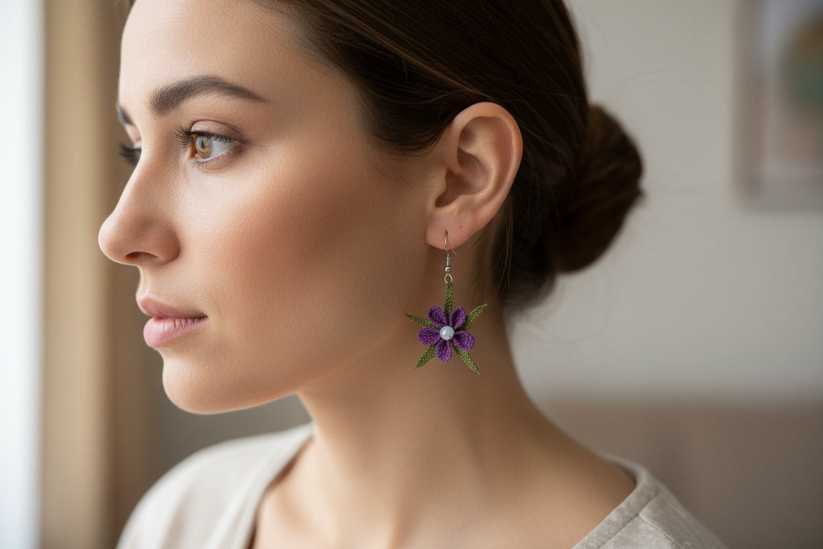 Handmade Purple Floral Crochet Dangle Earrings for Women