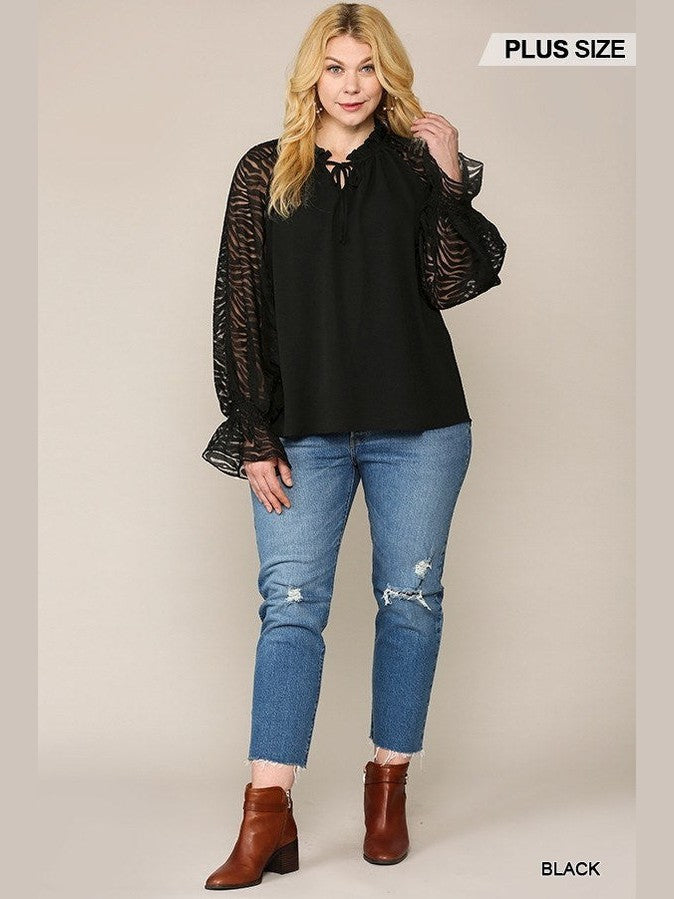 Plus Size Women Zebra Burnout Sleeve Ruffled Neck Bubble Crepe Blouse