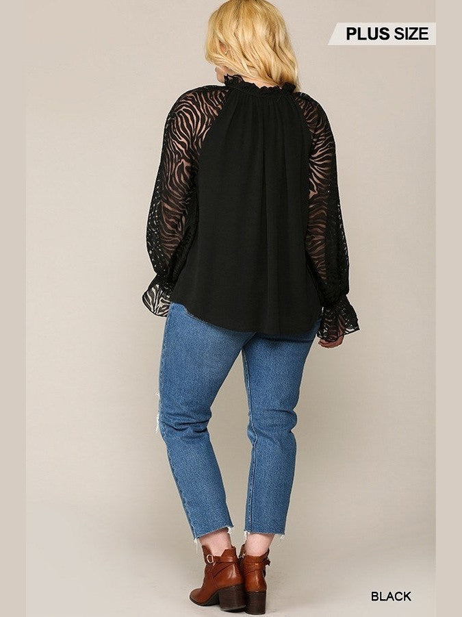 Plus Size Women Zebra Burnout Sleeve Ruffled Neck Bubble Crepe Blouse