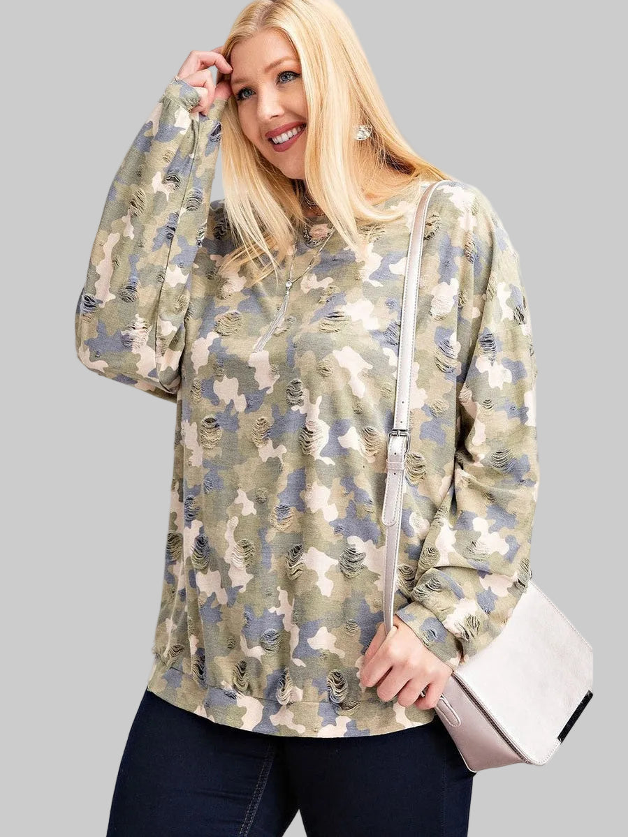 Plus Size Women Long Sleeve Distressed Printed Rayon Pullover Top