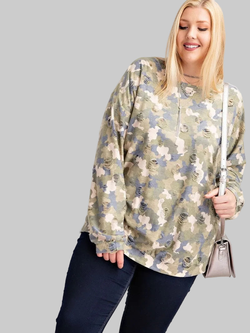 Plus Size Women Long Sleeve Distressed Printed Rayon Pullover Top