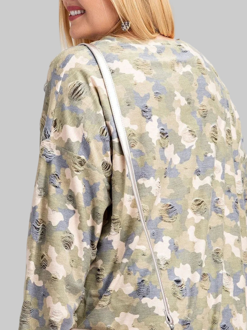 Plus Size Women Long Sleeve Distressed Printed Rayon Pullover Top