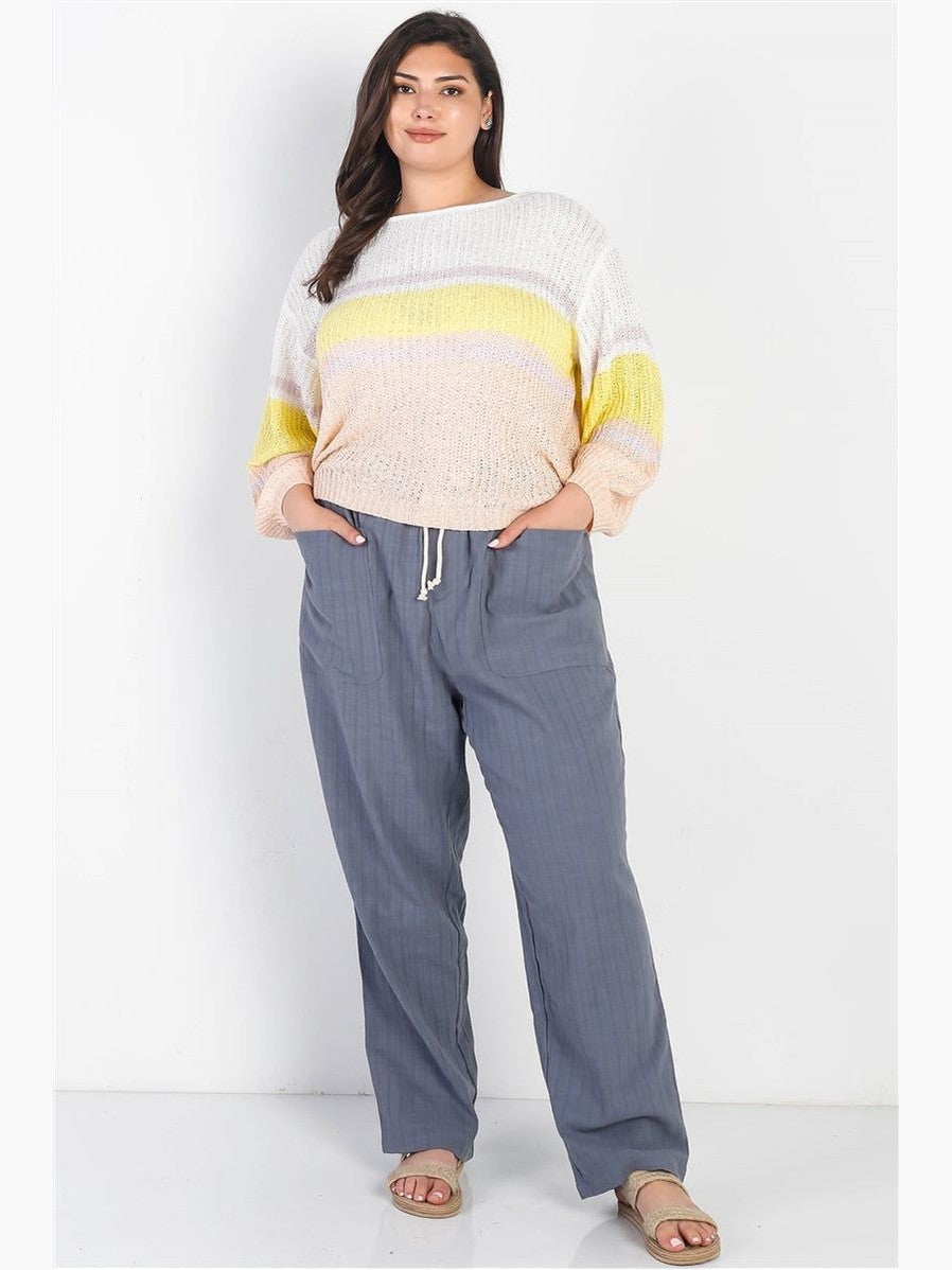 Plus Size Women White & Lemon Knit Stripe Long Sleeve Top