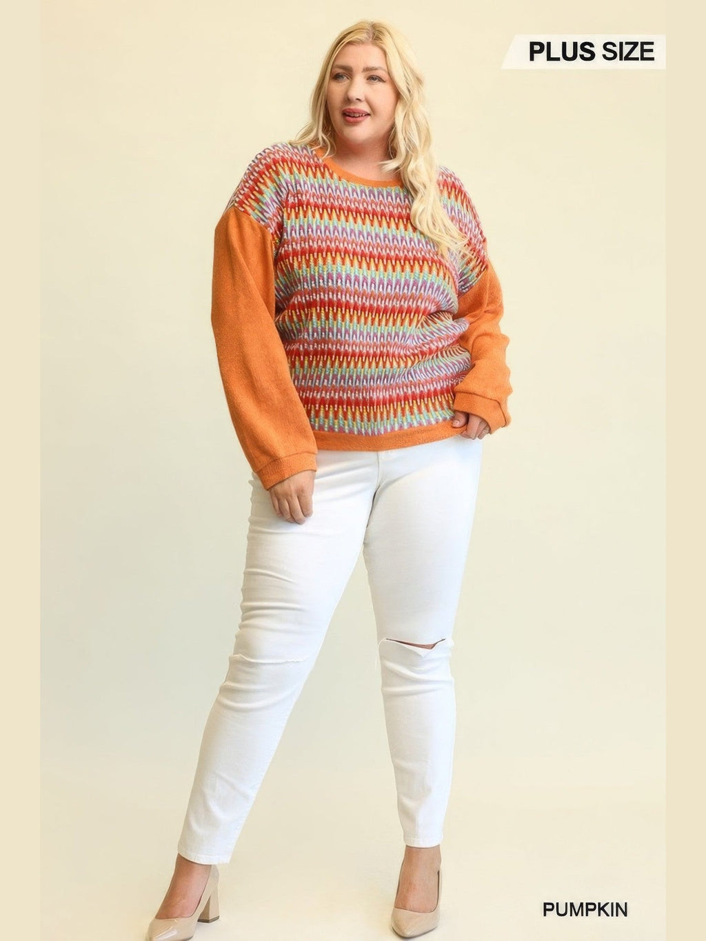Plus Size Women Novelty Knit And Solid Knit Mixed Loose Top