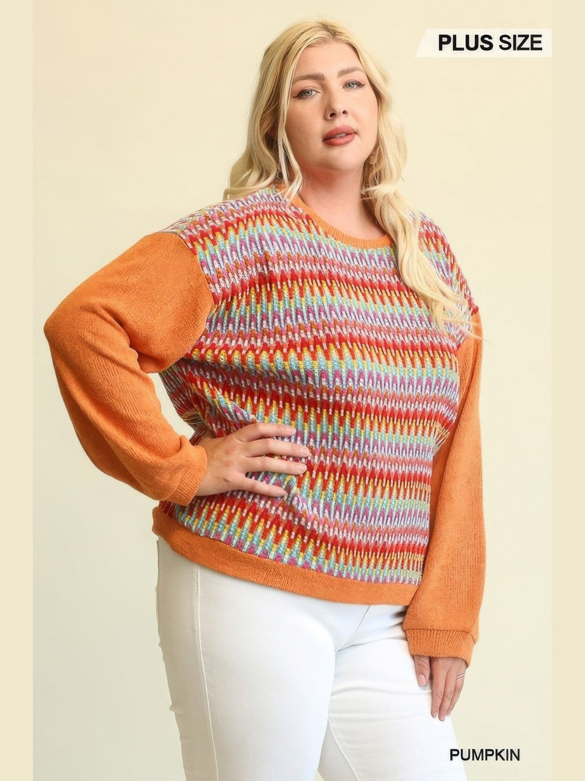 Plus Size Women Novelty Knit And Solid Knit Mixed Loose Top