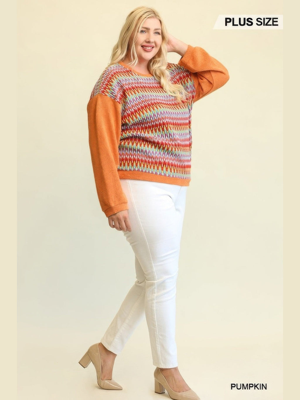 Plus Size Women Novelty Knit And Solid Knit Mixed Loose Top