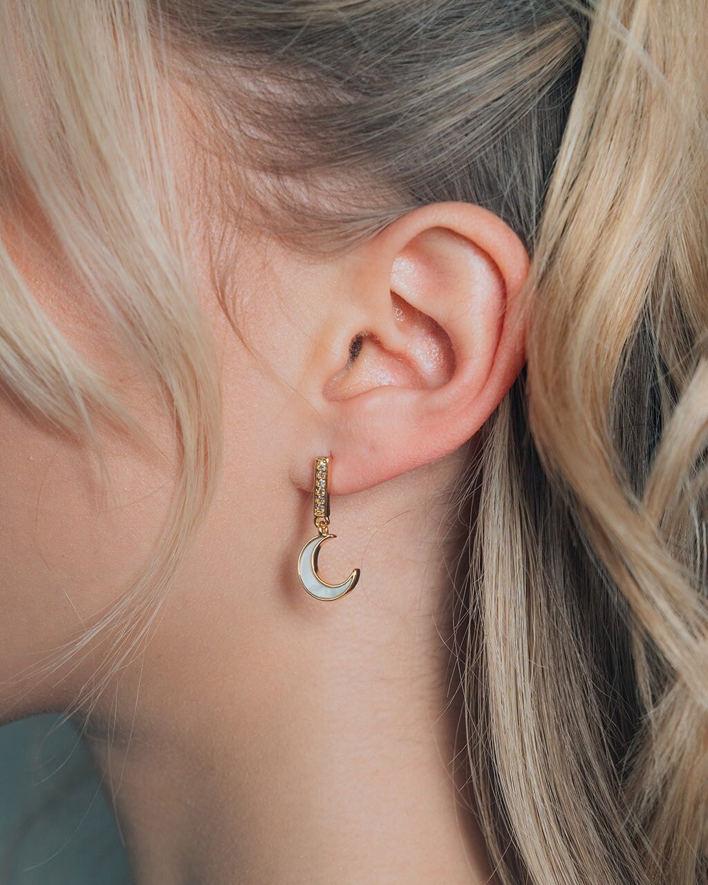 Valeria CZ & Moonstone Crescent Drop Stud Earrings
