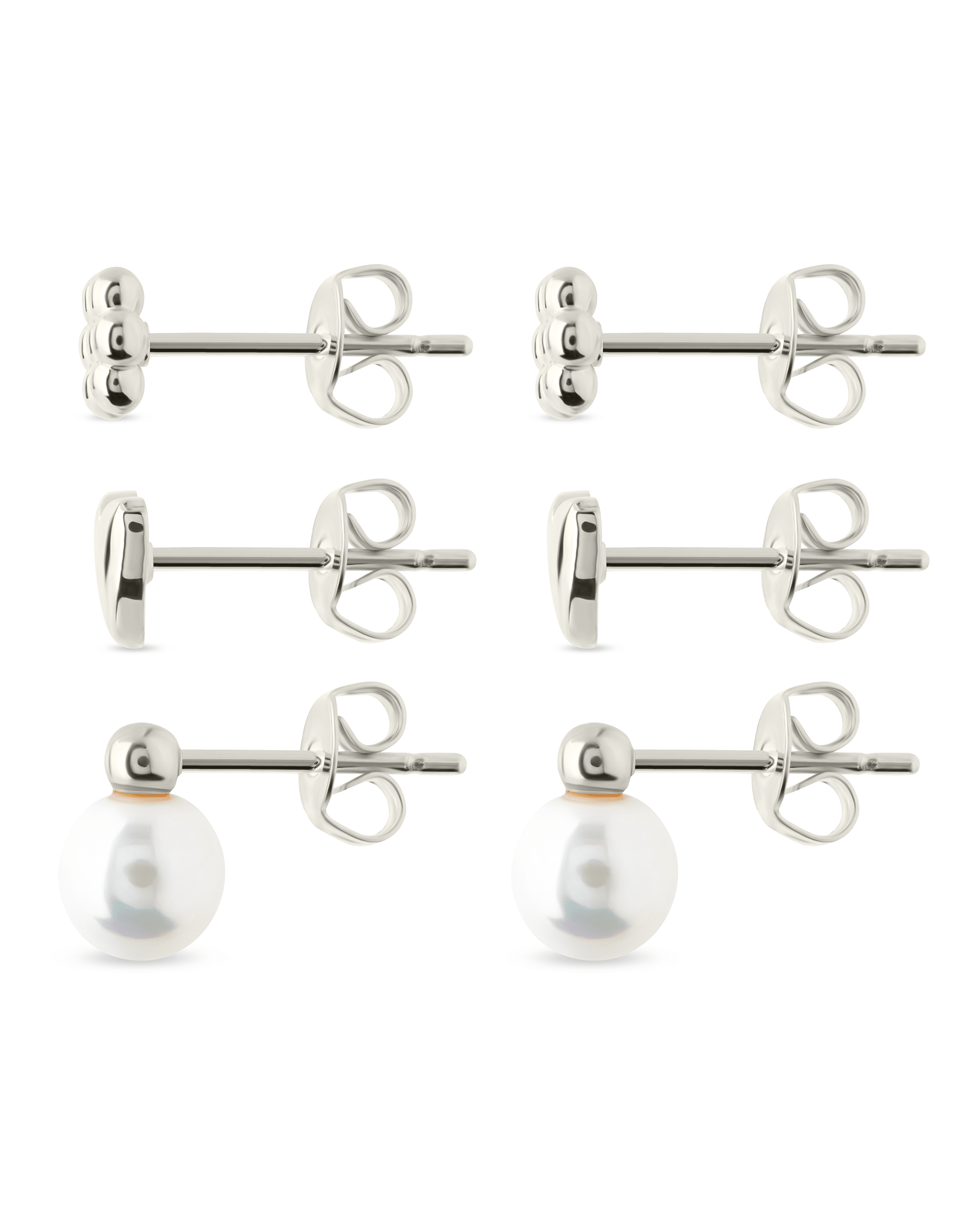 Sterling Silver Irene Pearl, Flower, & Heart Stud Earring Set of 3