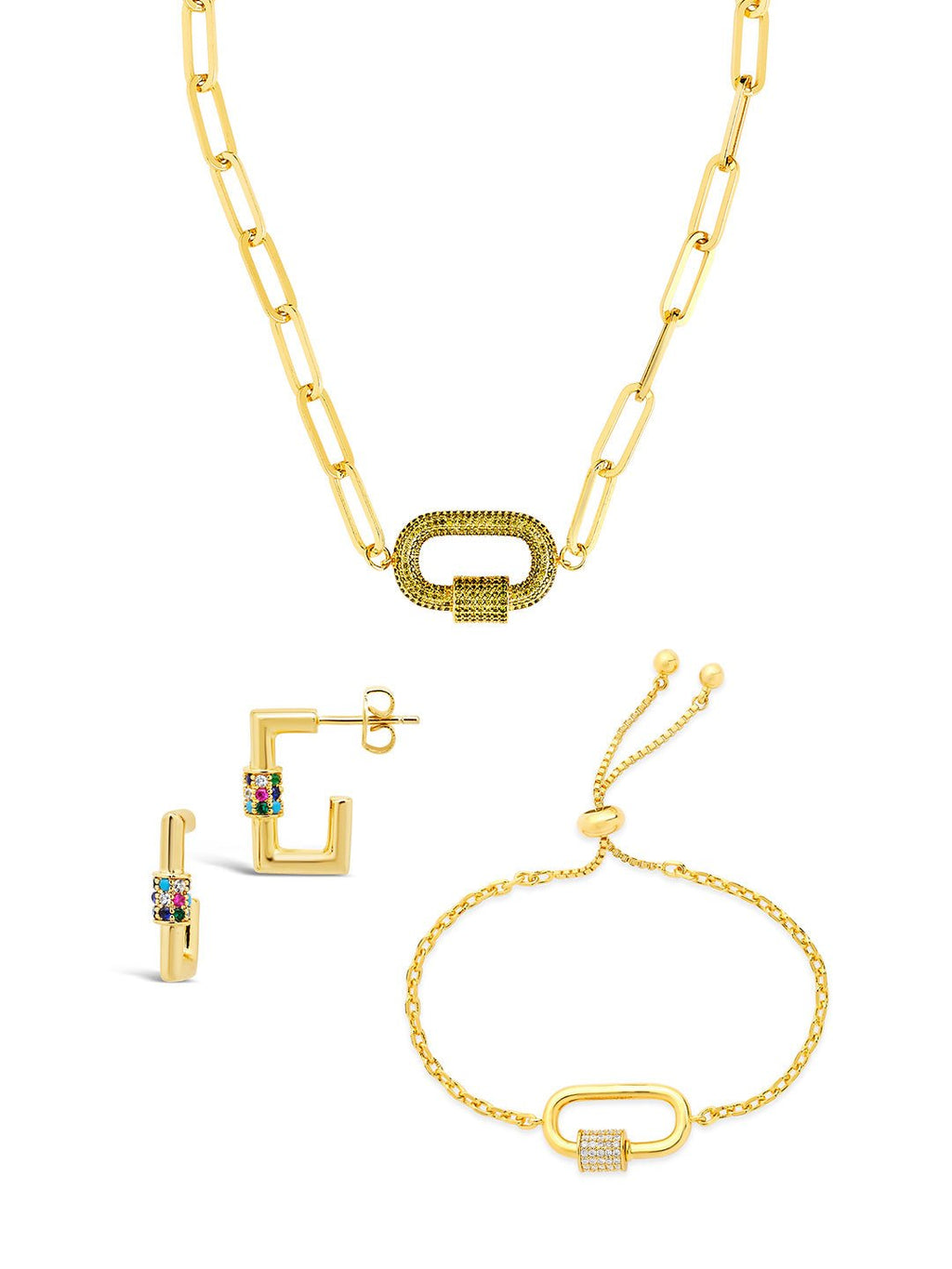 Pave CZ Carabiner Linked Lock Necklace Bundle