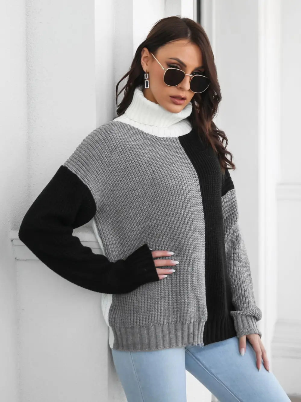 Contrast Turtleneck Long Sleeve Pullover Sweater