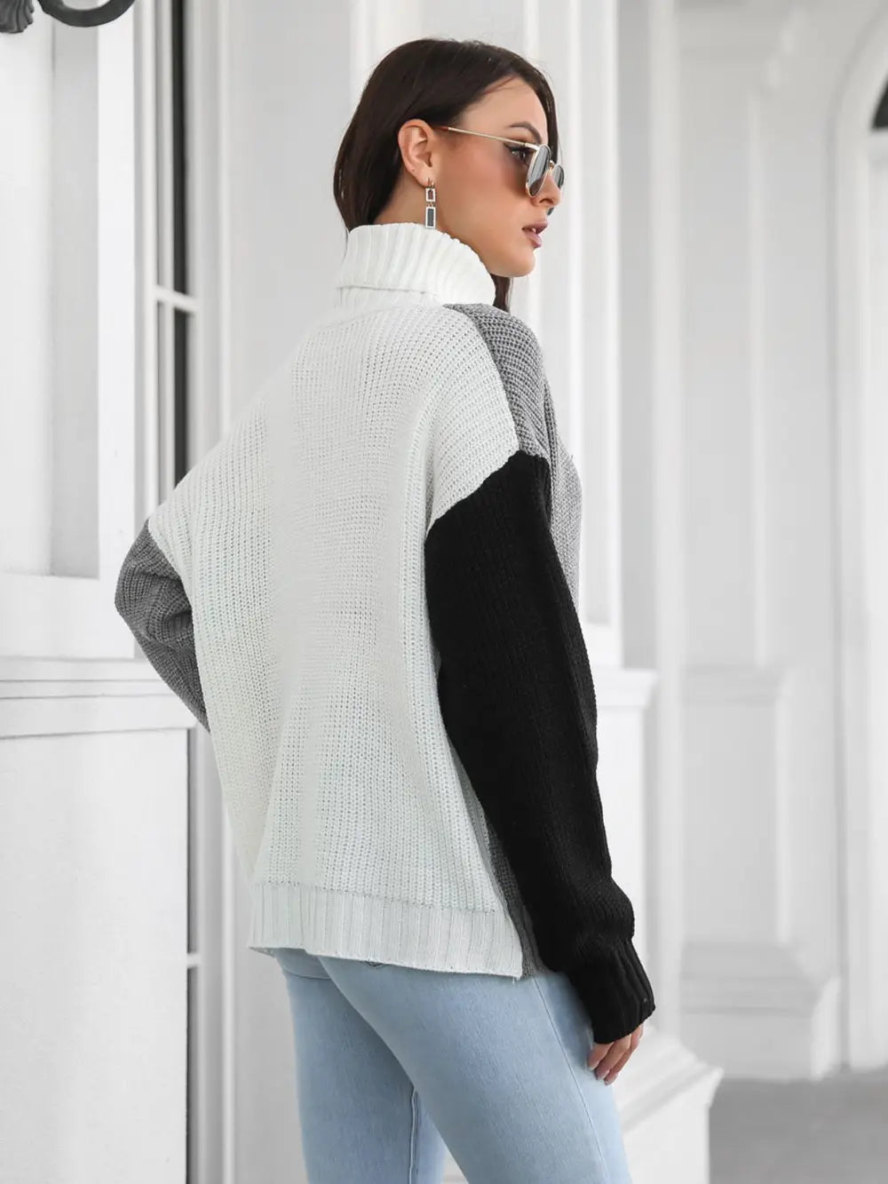 Contrast Turtleneck Long Sleeve Pullover Sweater
