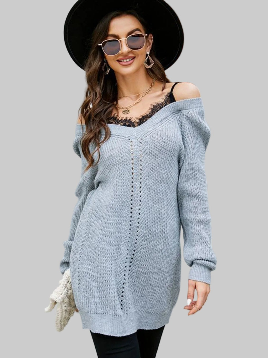 Women Openwork V-Neck Long Sleeve  Pullover Sweater