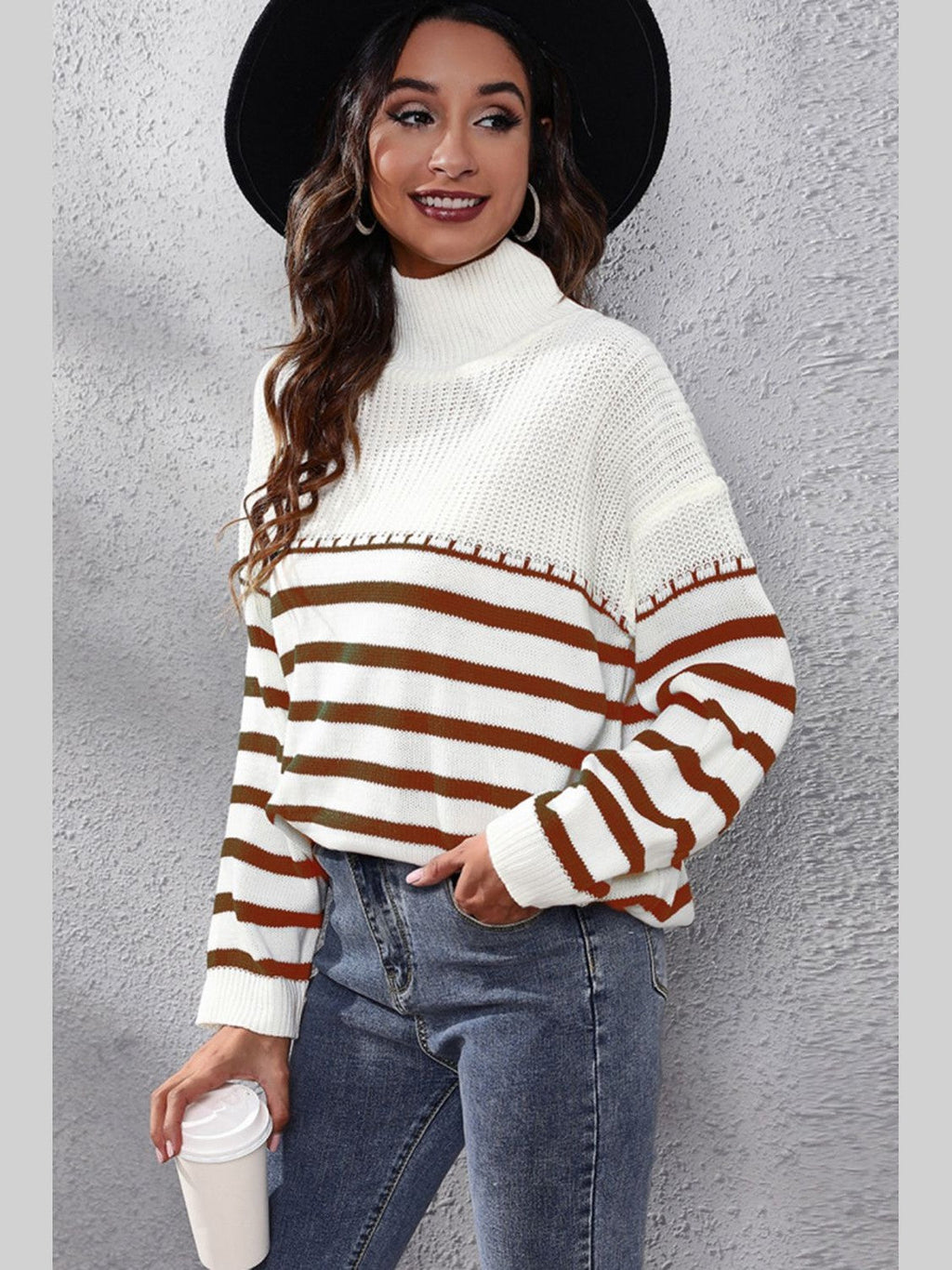 Striped Turtleneck Drop Shoulder Sweater