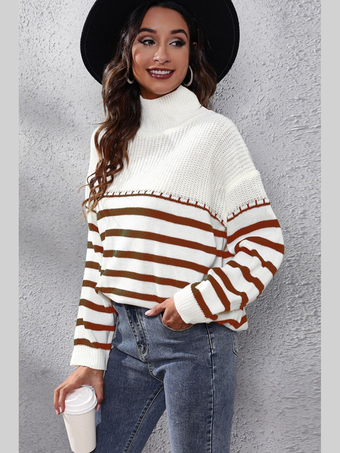 Striped Turtleneck Drop Shoulder Sweater