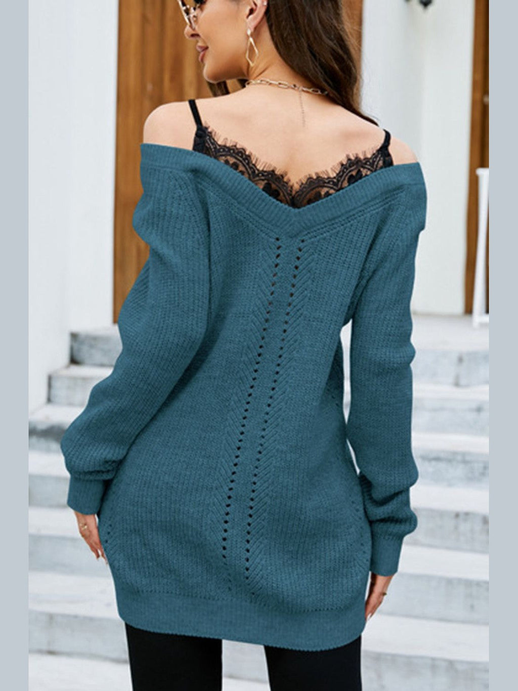 Women Openwork V-Neck Long Sleeve  Pullover Sweater