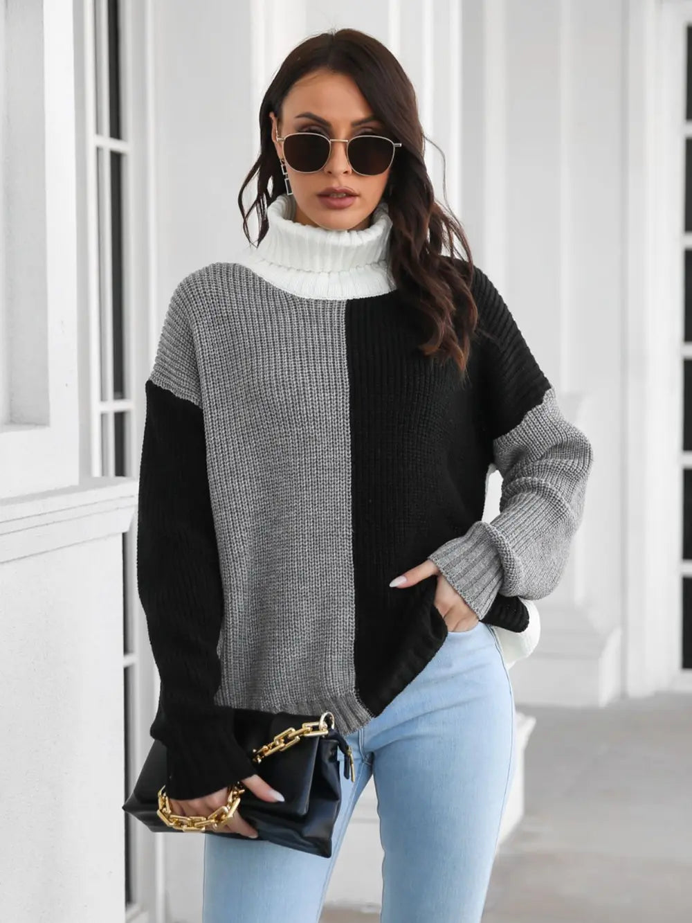 Contrast Turtleneck Long Sleeve Pullover Sweater