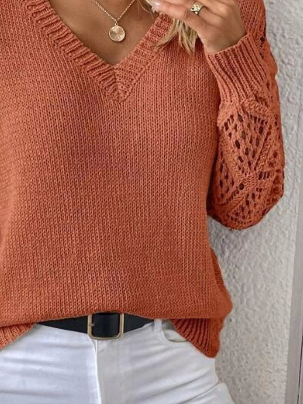 Women V-Neck Hollow-Out Sleeve Knit Pullover Sweater