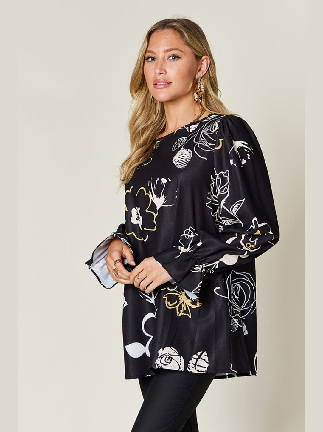 Women Double Take Full Size Printed Flounce Sleeve Blouse