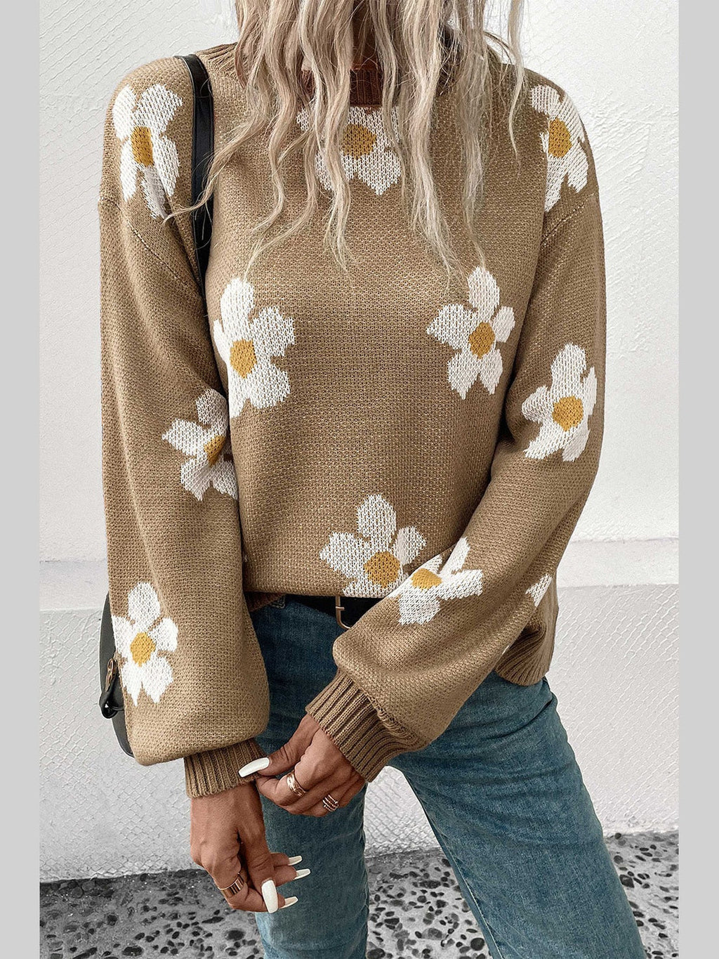 Perfee Floral Dropped Shoulder Sweater