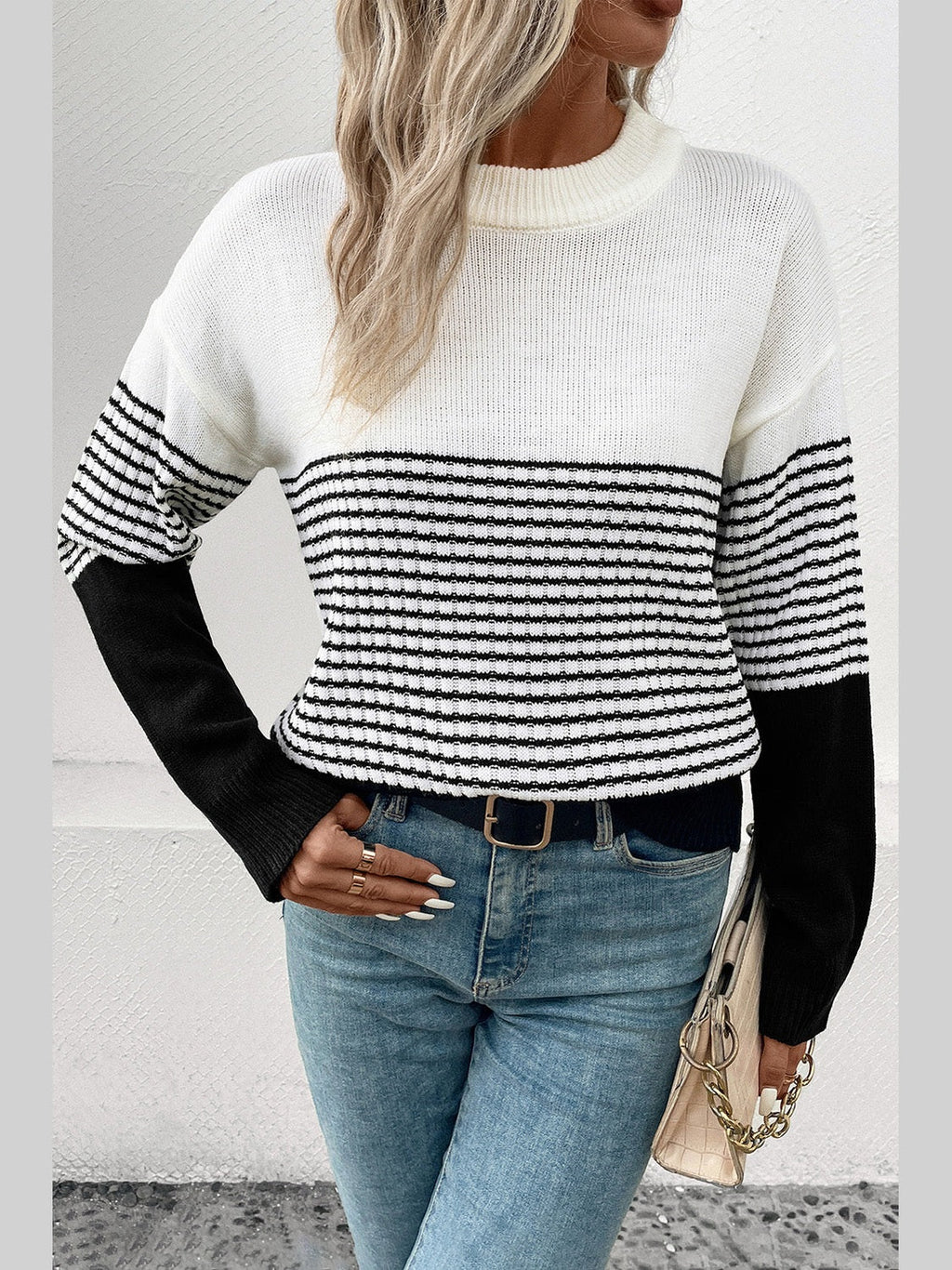Perfee Striped Drop Shoulder Sweater