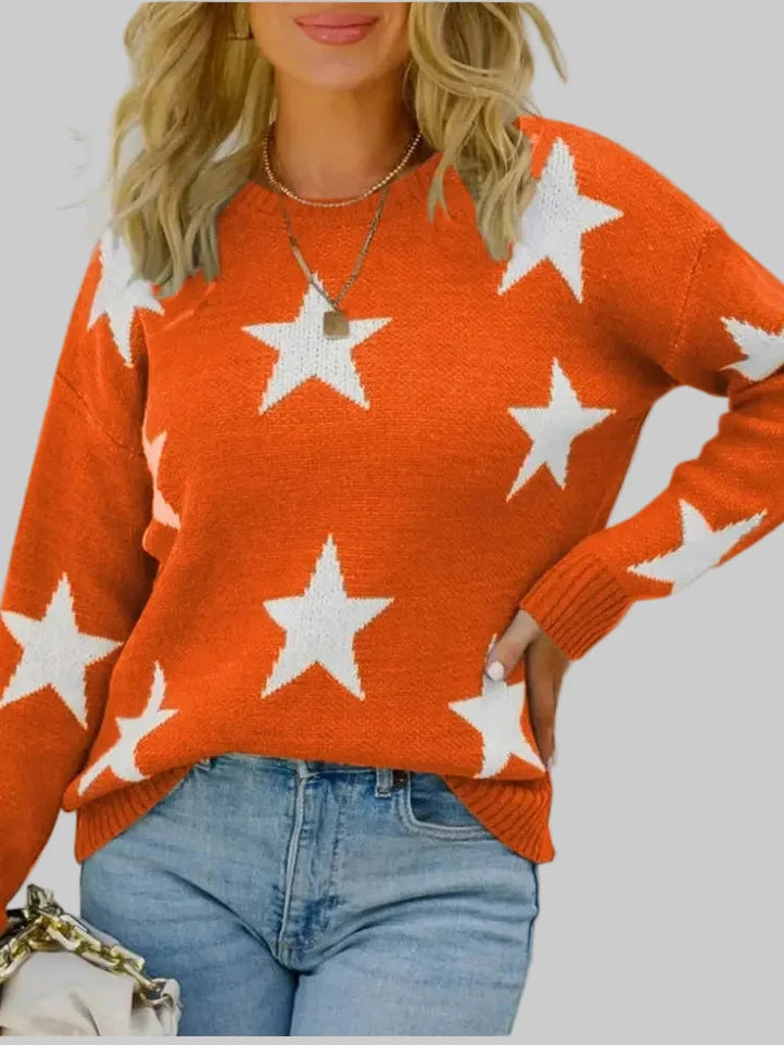 Star Pattern Round Neck Pullover Sweater