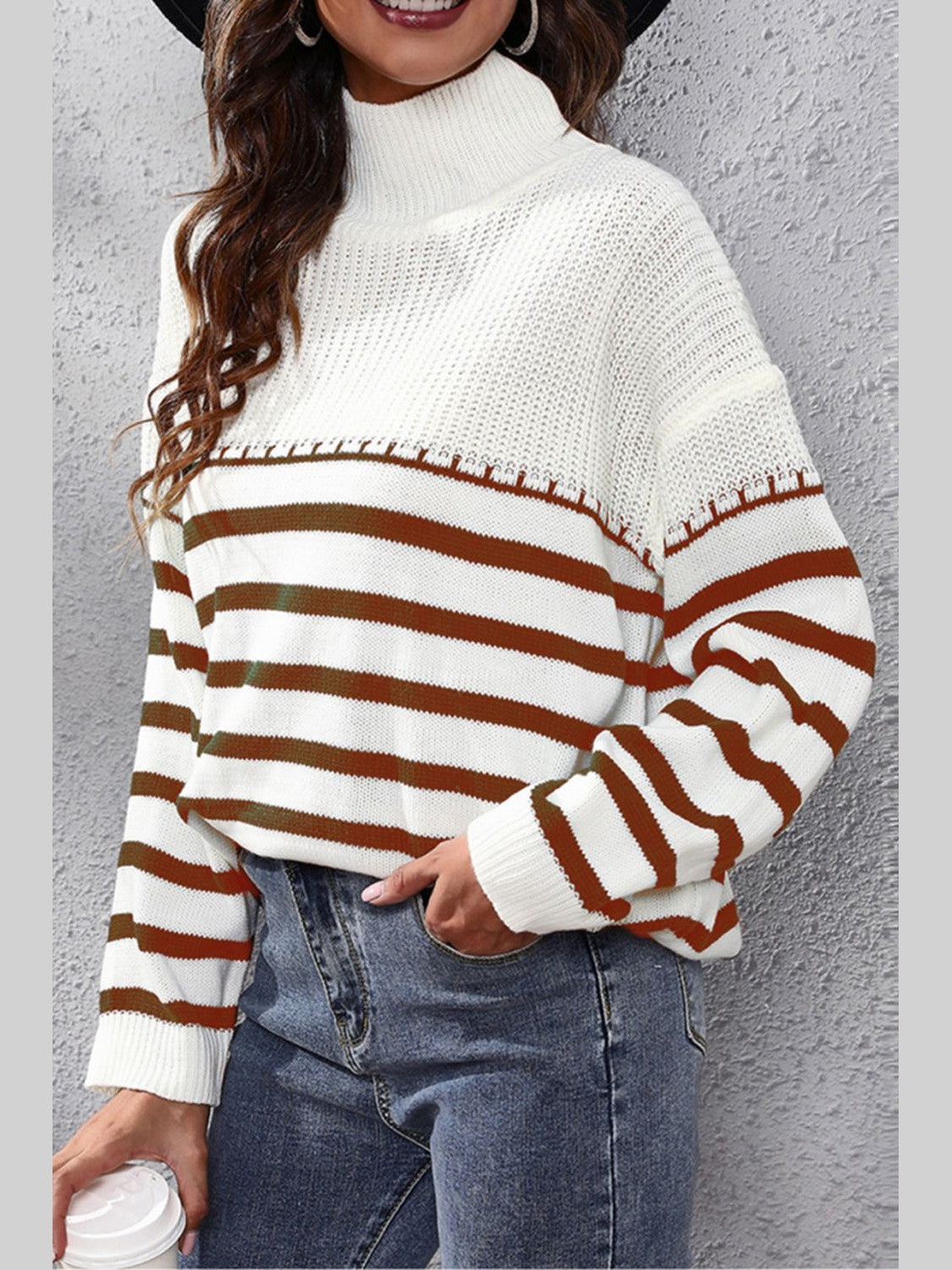 Striped Turtleneck Drop Shoulder Sweater