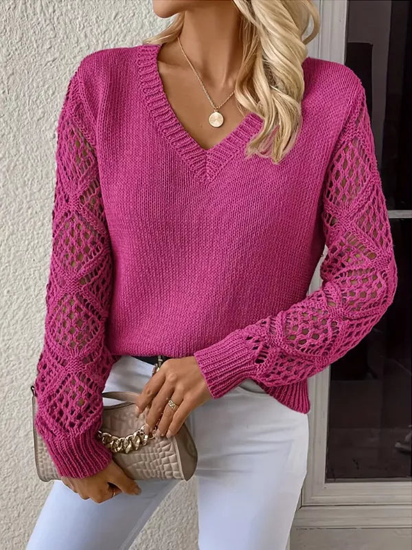 Women V-Neck Hollow-Out Sleeve Knit Pullover Sweater