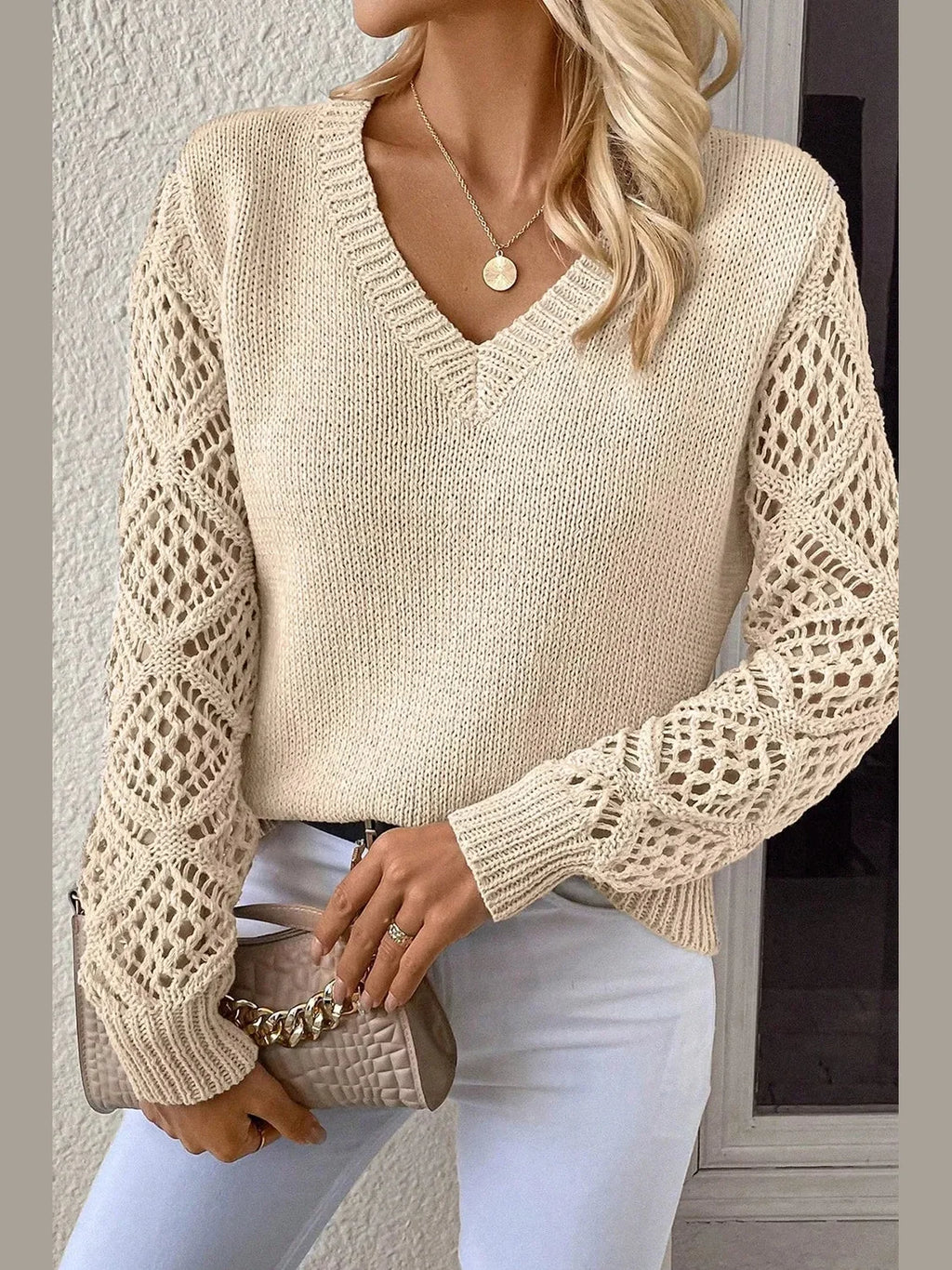 Women V-Neck Crochet Sleeve Sweater