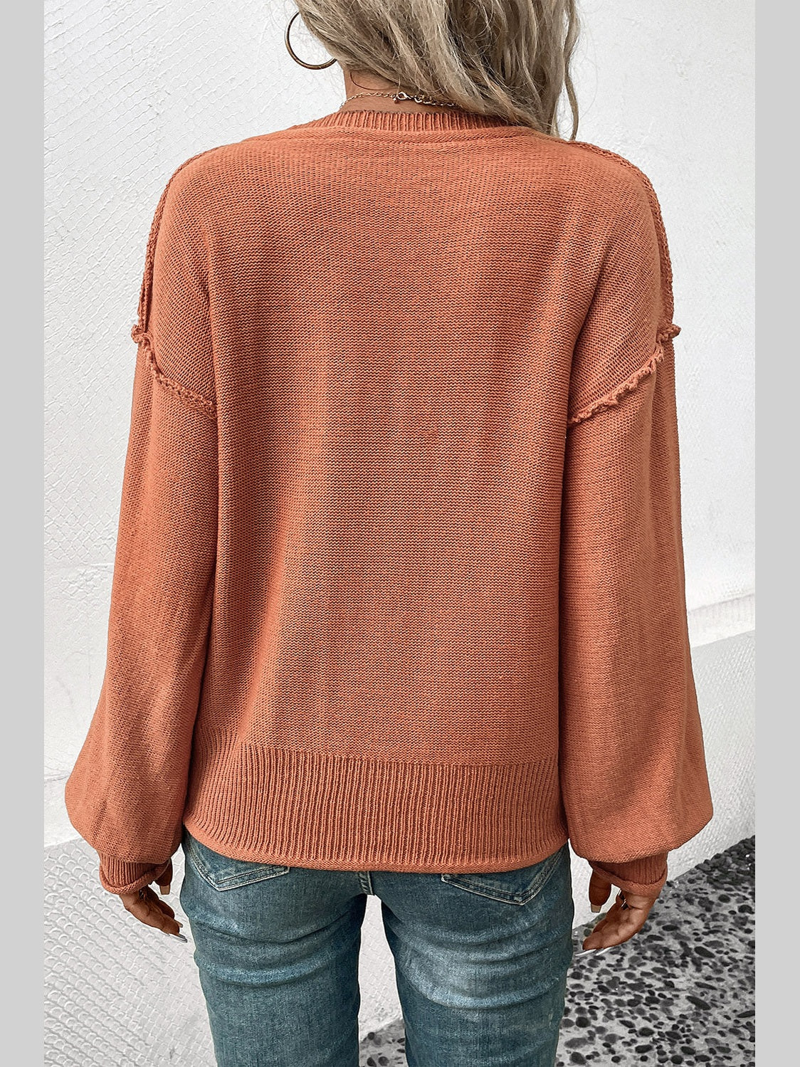 Perfee V-Neck Exposed Seam Sweater