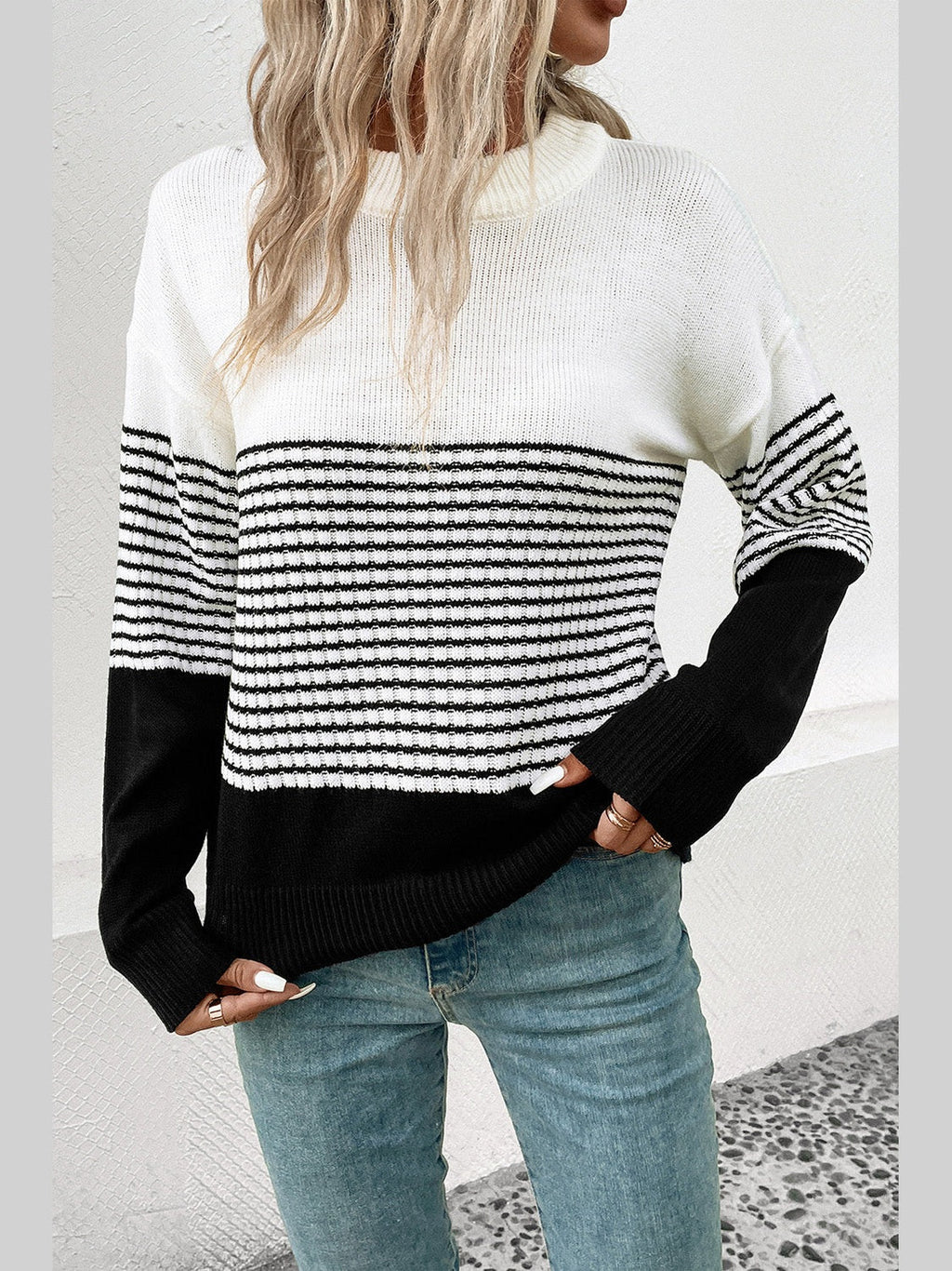 Perfee Striped Drop Shoulder Sweater