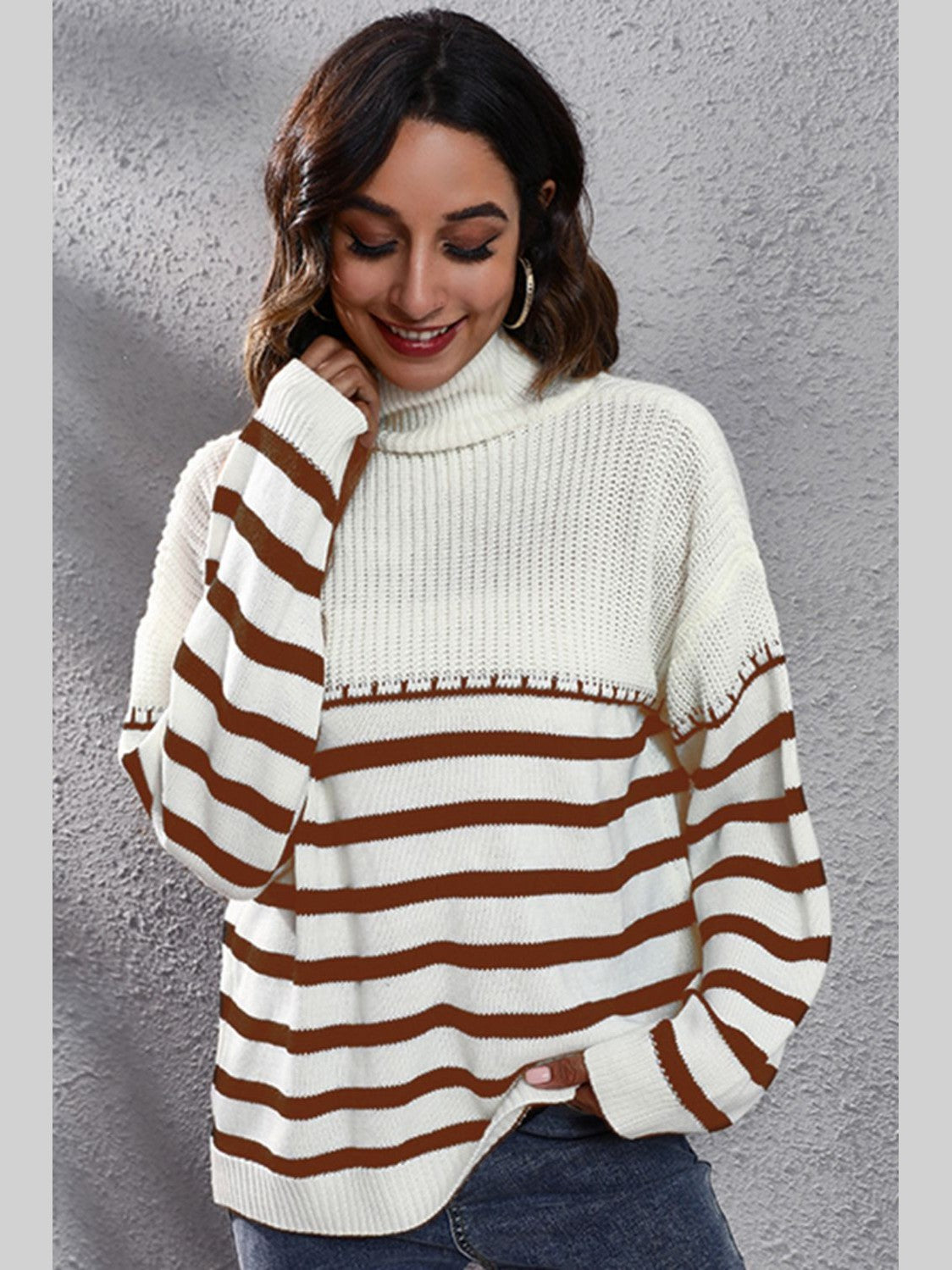 Striped Turtleneck Drop Shoulder Sweater