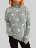 Women Heart Heathered Turtleneck Drop Shoulder Pullover Sweater
