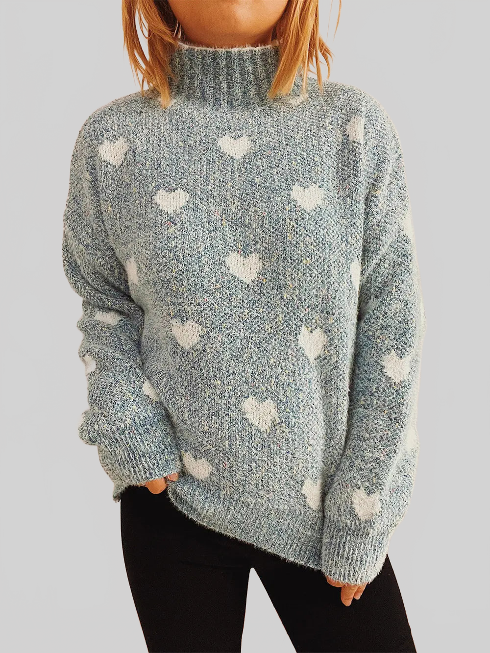 Women Heart Heathered Turtleneck Drop Shoulder Pullover Sweater