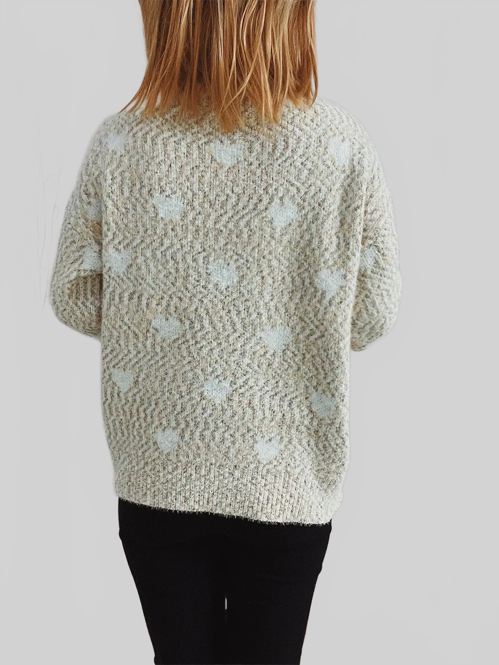Women Heart Heathered Turtleneck Drop Shoulder Pullover Sweater