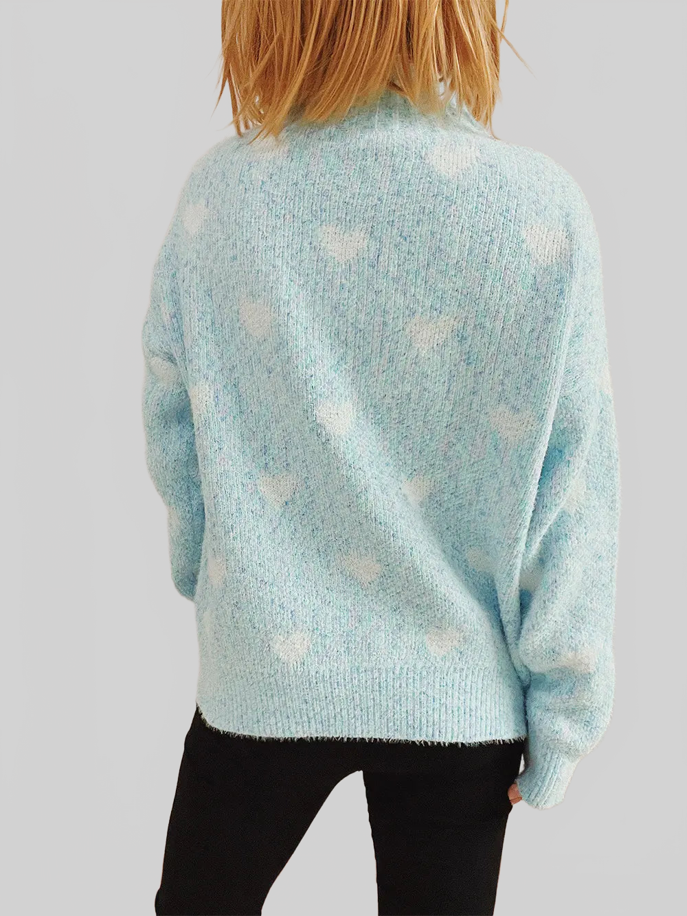 Women Heart Heathered Turtleneck Drop Shoulder Pullover Sweater