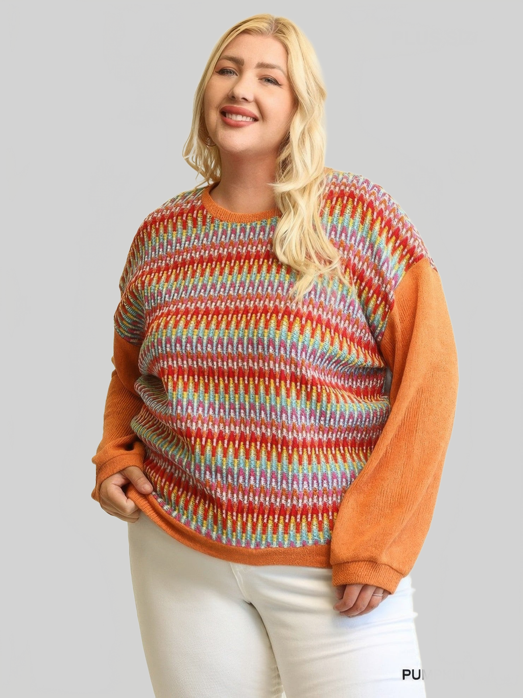 Plus Size Women Novelty Knit And Solid Knit Mixed Loose Top