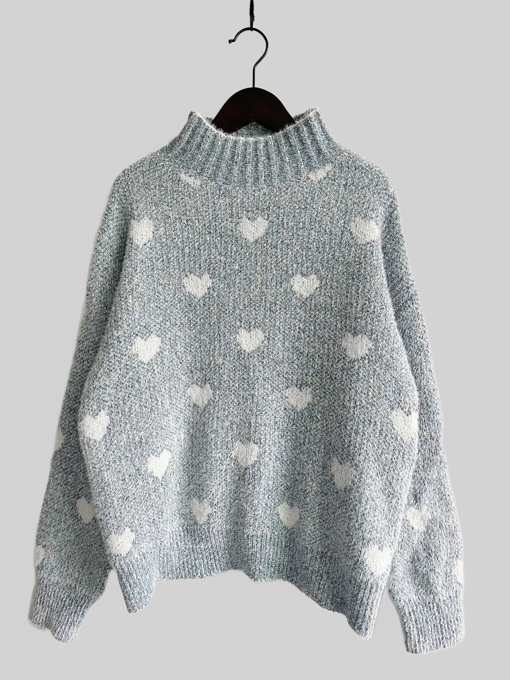 Women Heart Heathered Turtleneck Drop Shoulder Pullover Sweater