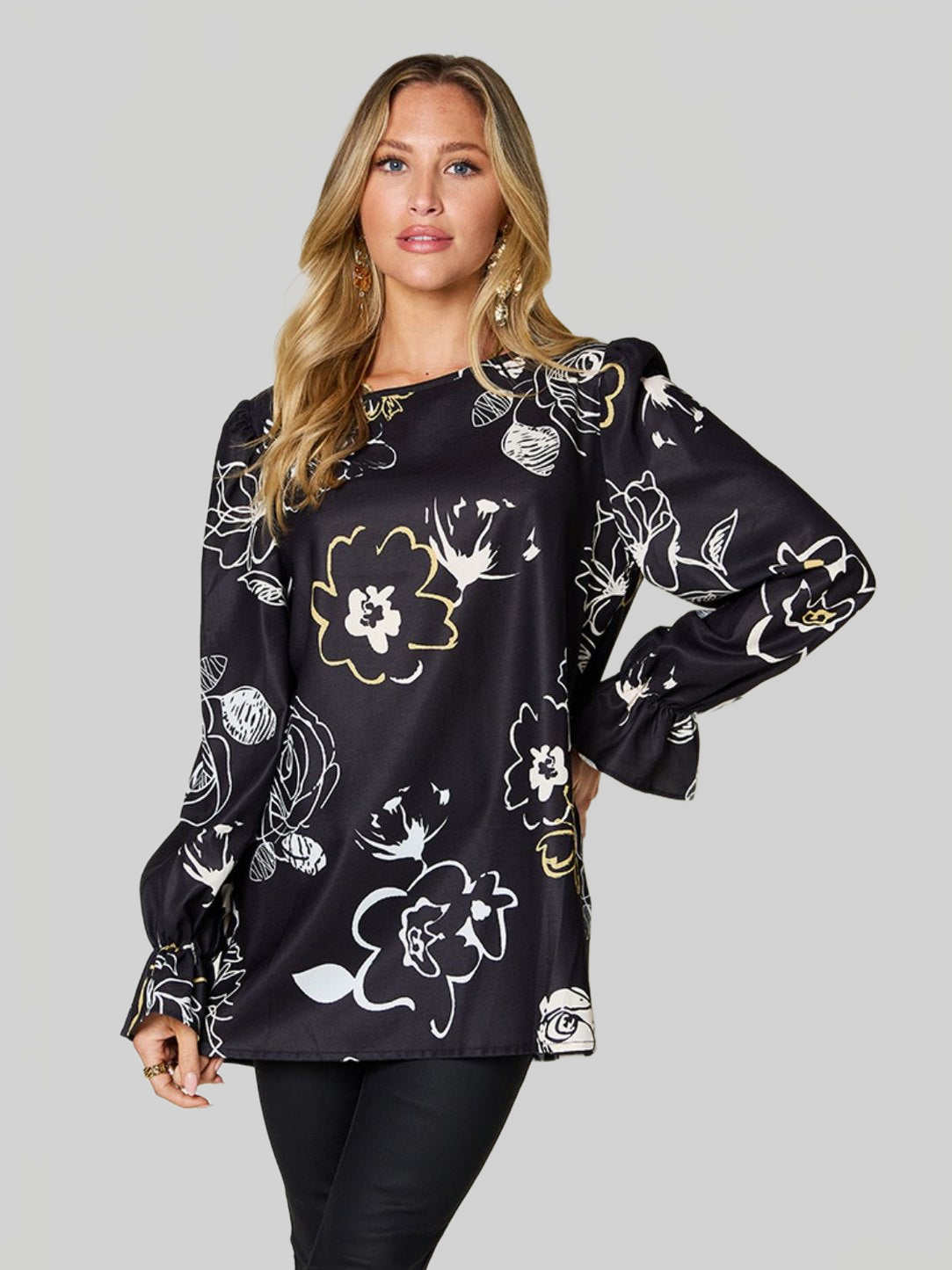 Women Double Take Full Size Printed Flounce Sleeve Blouse