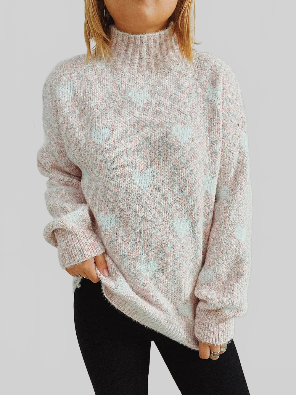 Women Heart Heathered Turtleneck Drop Shoulder Pullover Sweater