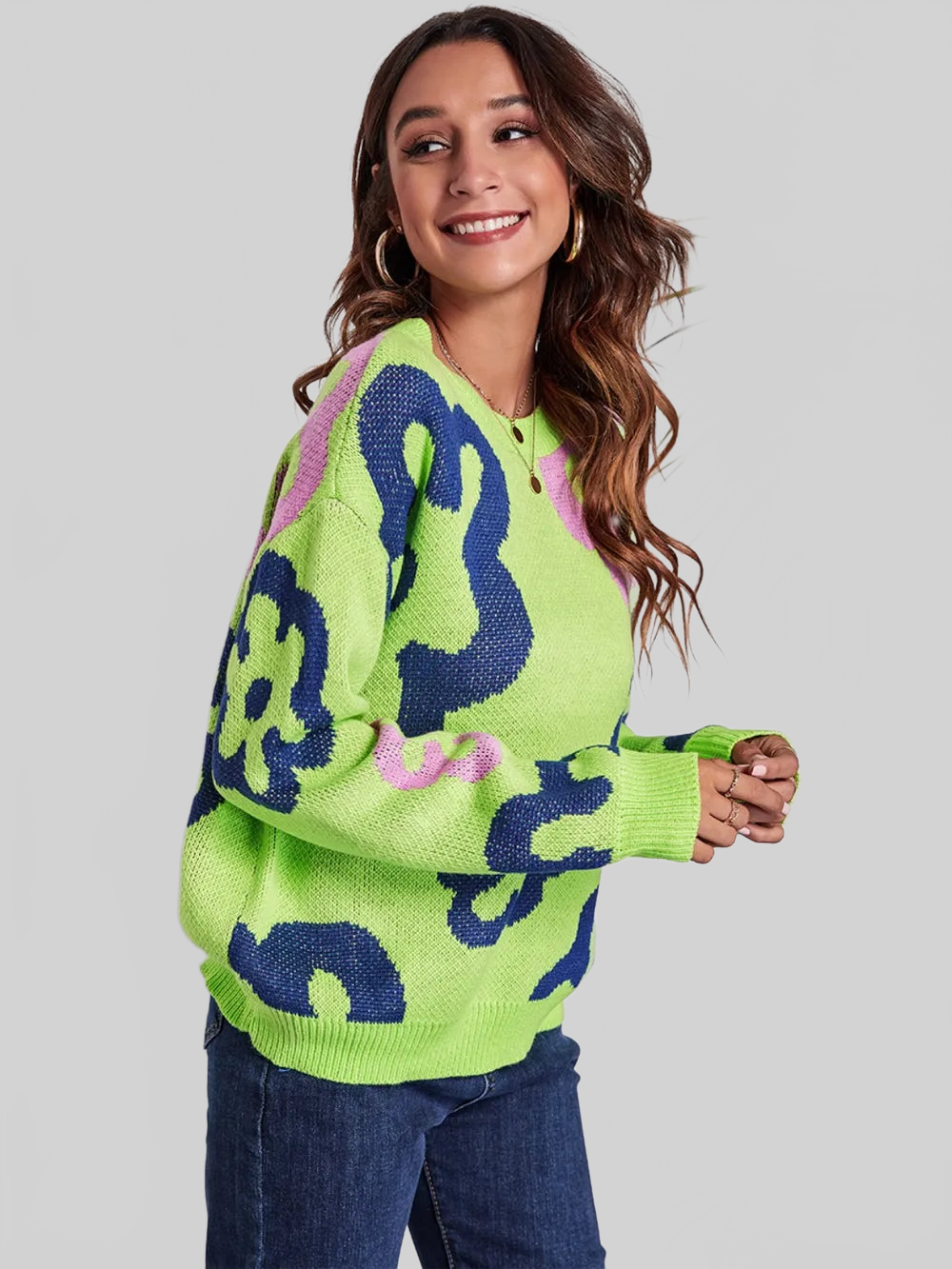 Flower Pattern Round Neck Long Sleeve Sweater