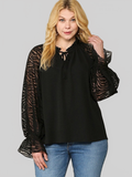 Plus Size Women Zebra Burnout Sleeve Ruffled Neck Bubble Crepe Blouse