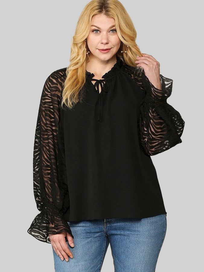 Plus Size Women Zebra Burnout Sleeve Ruffled Neck Bubble Crepe Blouse