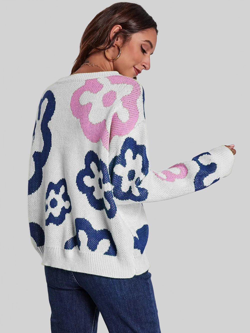 Flower Pattern Round Neck Long Sleeve Sweater