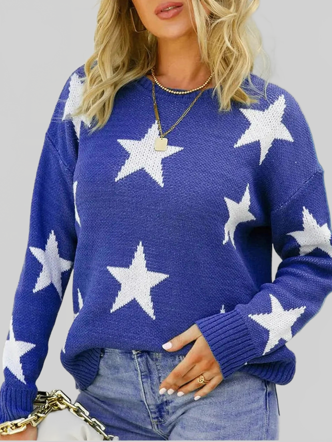 Star Pattern Round Neck Pullover Sweater