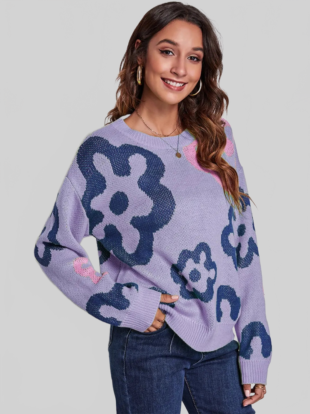 Flower Pattern Round Neck Long Sleeve Sweater