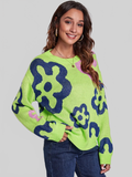 Flower Pattern Round Neck Long Sleeve Sweater