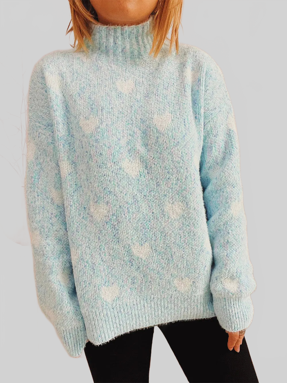 Women Heart Heathered Turtleneck Drop Shoulder Pullover Sweater