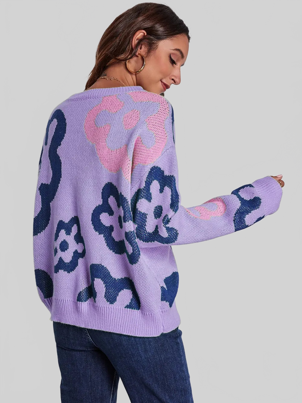 Flower Pattern Round Neck Long Sleeve Sweater