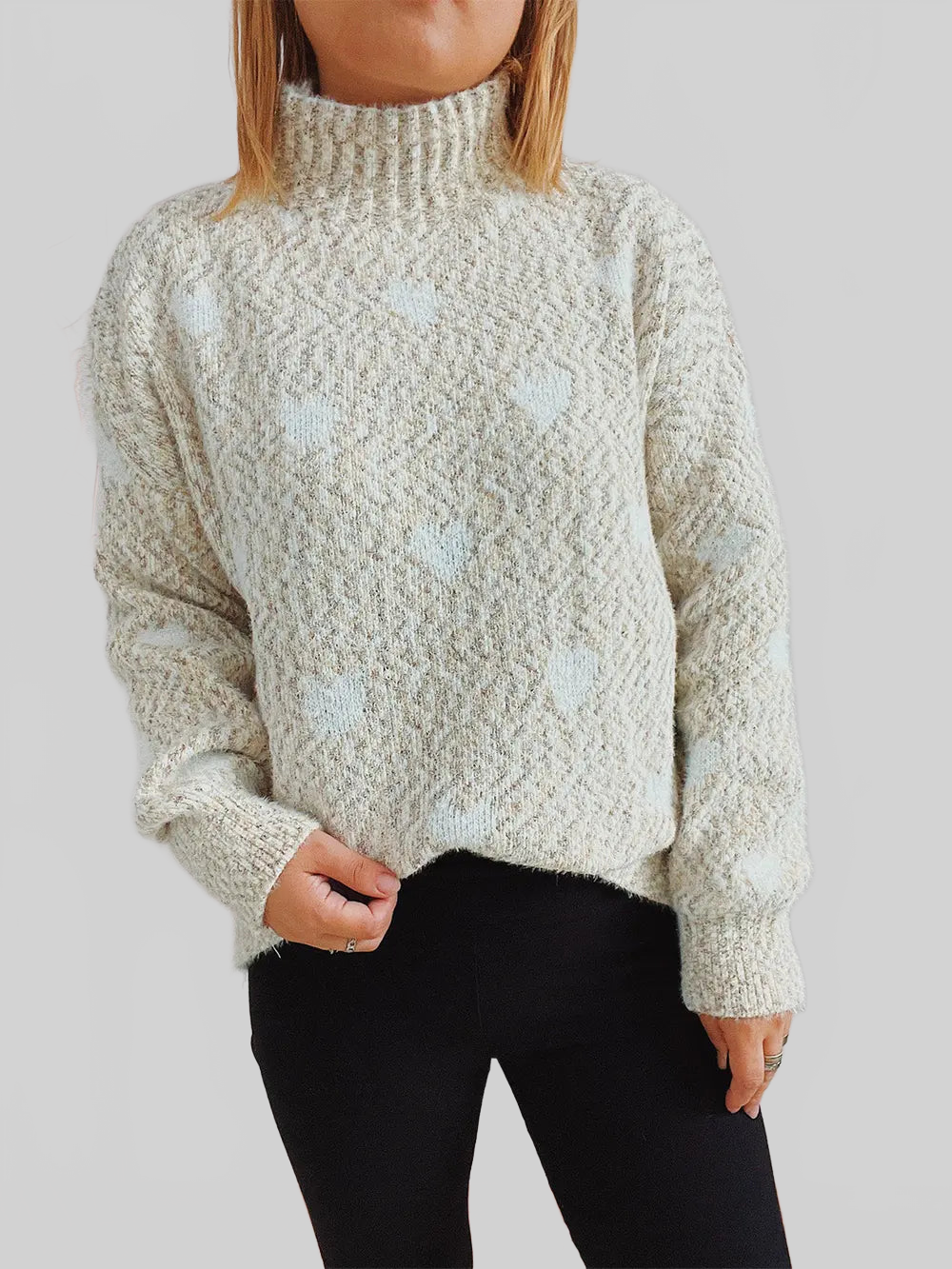 Women Heart Heathered Turtleneck Drop Shoulder Pullover Sweater