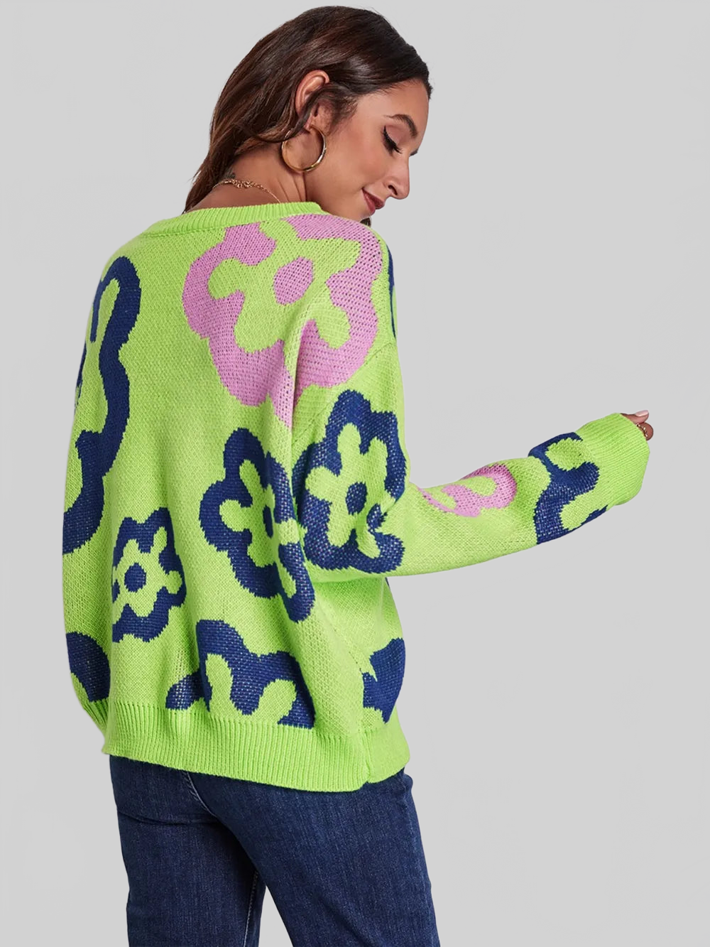 Flower Pattern Round Neck Long Sleeve Sweater